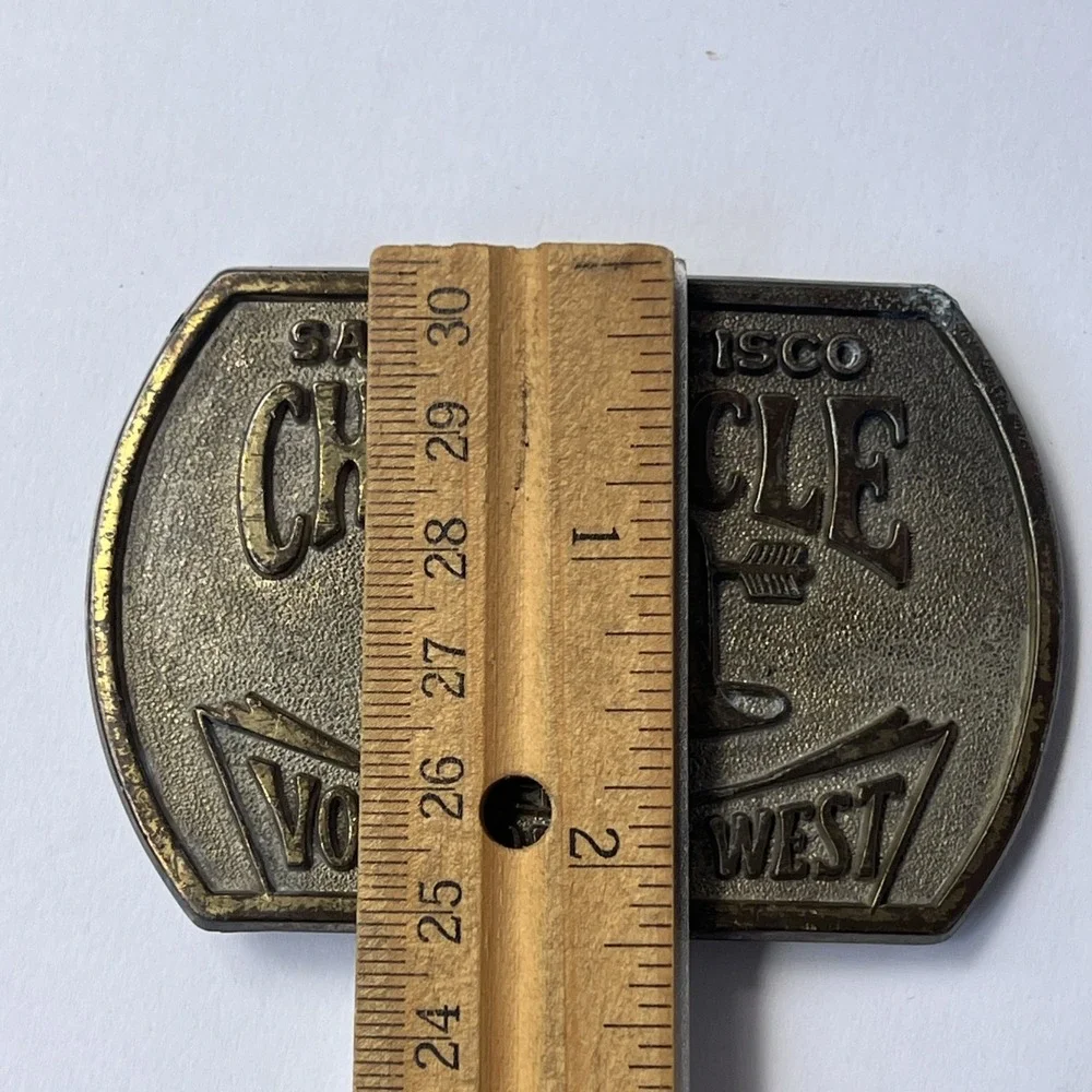 VTG 1970's San Francisco Chronicle Voice Of The West Brass Belt Buckle 3 3/8